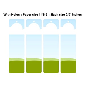 May include: A set of eight rectangular tags with a light blue and green gradient design. The tags have a rounded top with a hole and are labeled "With Holes: Paper size 11*8.5: Each size 2*7 inches."