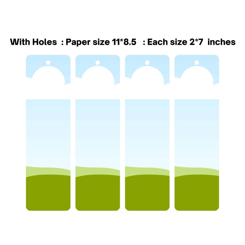 May include: A set of eight rectangular tags with a light blue and green gradient design. The tags have a rounded top with a hole and are labeled "With Holes: Paper size 11*8.5: Each size 2*7 inches."