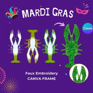 Puede incluir: Diseño de bordado falso con temática de Mardi Gras con tres cangrejos de río en diferentes esquemas de colores: morado, verde y dorado. El diseño se muestra sobre un fondo morado con una superposición de texto que dice "Mardi Gras" y "Faux Embroidery Canva Frame".