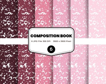 Könnte beinhalten: Ein digitales Design für ein Kompositionsbuch mit sechs verschiedenen Farbvarianten. Die Farbpalette umfasst Farbtöne von Burgunder, Rosa und Weiß mit einem gesprenkelten Muster. Das Bild enthält den Text "COMPOSITION BOOK" und "6 JPG File 300 DPI 3600 x 3600 Pixel".
