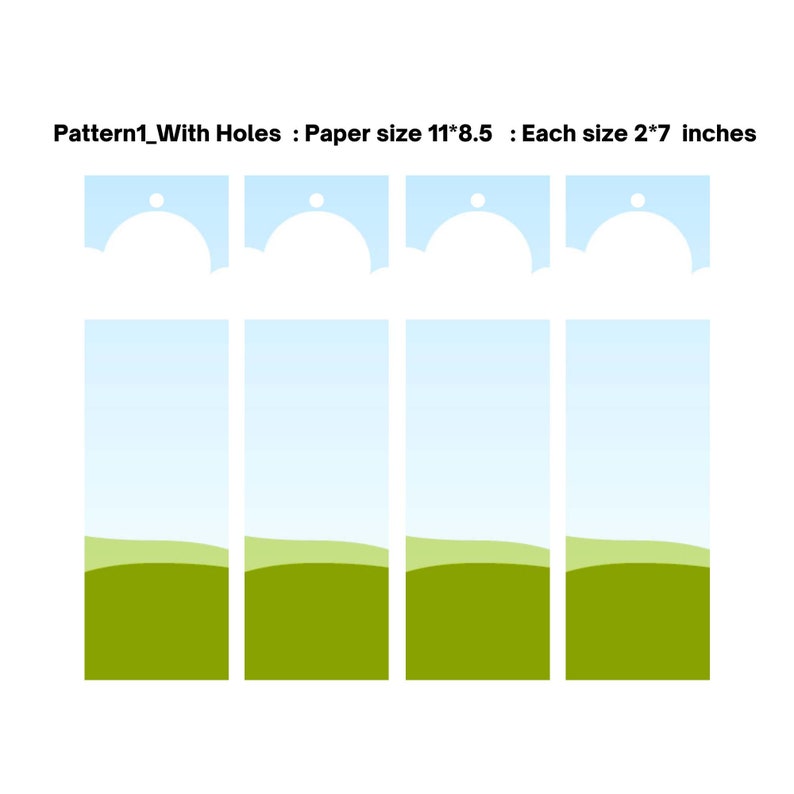 May include: A set of four landscape-themed paper cutouts with a blue sky and green hills design. The paper size is 11*8.5 inches, and each cutout is 2*7 inches. The text "Pattern1_With Holes" is at the top.