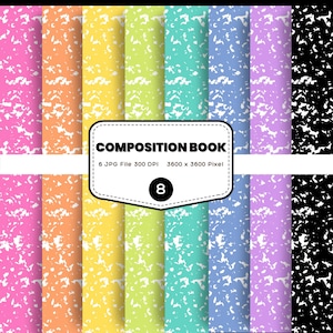 Könnte beinhalten: Ein digitales Design mit bunten Einbänden für Kompositionsbücher. Die Einbände umfassen Rosa, Orange, Gelb, Grün, Blau, Lila und Schwarz. Der Text "COMPOSITION BOOK" wird auf einem weißen Etikett zusammen mit der Zahl "8" angezeigt.