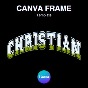 Può includere: Un modello di cornice Canva con il testo "CHRISTIAN" in un font arcuato blu e verde su uno sfondo bianco e un cielo blu con nuvole bianche.