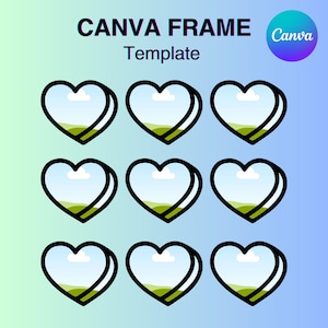 May include: Nine black outlined heart frames with a blue sky, white cloud, and green grass background. The frames are arranged in three rows of three.