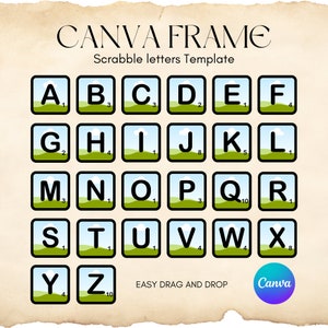 May include: A set of Scrabble tiles with a landscape design. Each tile features a letter of the alphabet and a corresponding point value. The tiles are arranged in alphabetical order. The text "CANVA FRAME" and "Scrabble letters Template" is at the top of the image. The text "EASY DRAG AND DROP" is at the bottom of the image. The Canva logo is in the bottom right corner.
