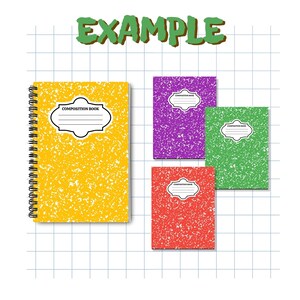 K&ouml;nnte beinhalten: Eine Auswahl an Notizb&uuml;chern in Gelb, Lila, Gr&uuml;n und Rot. Die Notizb&uuml;cher haben ein gesprenkeltes Muster und ein Etikett mit der Aufschrift "COMPOSITION BOOK". Ein spiralgebundenes gelbes Notizbuch befindet sich links. Das Wort "EXAMPLE" steht oben.