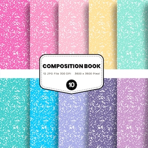 Pode incluir: Um design digital de cadernos de composição em tons pastel, incluindo rosa, amarelo e azul, com um padrão salpicado. A imagem inclui o texto "COMPOSITION BOOK" e "10" em uma moldura branca, juntamente com os detalhes do arquivo.
