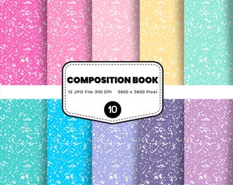 Könnte beinhalten: Ein digitales Design mit Kompositionsbuch-Covern in Pastelltönen wie Rosa, Gelb und Blau, mit einem gesprenkelten Muster. Das Bild enthält den Text "COMPOSITION BOOK" und "10" in einem weißen Rahmen sowie Dateidetails.