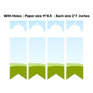 May include: A set of four decorative tags with a sky and landscape design. Each tag is 2 by 7 inches. The paper size is 11 by 8.5 inches. The tags have a blue sky background with a green landscape.