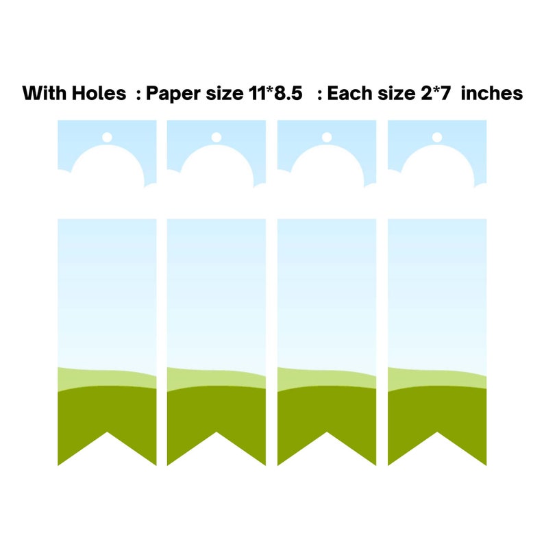 May include: A set of four decorative tags with a sky and landscape design. Each tag is 2 by 7 inches. The paper size is 11 by 8.5 inches. The tags have a blue sky background with a green landscape.
