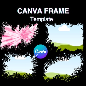 May include: A graphic design with four Canva frame templates on a black background. The templates include a pink tie-dye butterfly, a blue sky with a cloud and green hills, and two other similar designs. The text "CANVA FRAME Template" is at the top, and the Canva logo is in the bottom left.