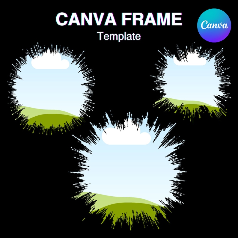 May include: Three black and white burst frames with a blue sky and green hills background. The frames are in a triangular shape.