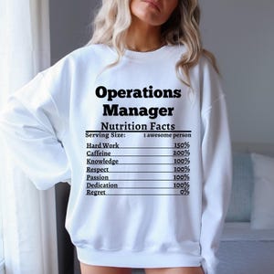 Pode incluir: Camisola branca com o texto "Operations Manager" em letras pretas. Abaixo, um gráfico exibe "Nutrition Facts" com porcentagens para trabalho duro, cafeína, conhecimento, respeito, paixão, dedicação e arrependimento.