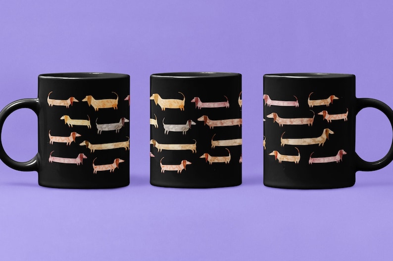 May include: Three black coffee mugs with a repeating pattern of watercolor dachshunds in various colors. The dogs are in shades of tan, pink, and gray, set against a solid black background. The mugs have a standard handle design.
