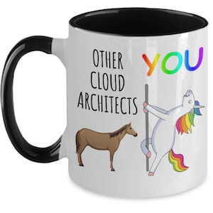 Peut inclure: Mug en céramique blanche avec une anse et un bord noirs. Le mug présente le texte "OTHER CLOUD ARCHITECTS YOU" avec un cheval et une licorne. Le mot "YOU" est en couleurs arc-en-ciel.