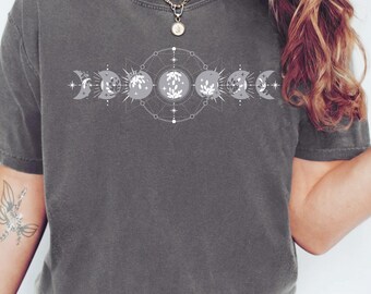 Camisetas de fases lunares, camisetas bohemias de luna, regalos lunares, camisetas celestiales, camisetas lunares, camisetas de astrología, camisetas de astronomía