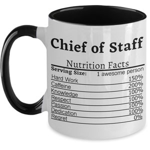 Puede incluir: Taza de café de cerámica blanca con interior y asa negros. La taza presenta un gráfico en blanco y negro de una etiqueta de información nutricional con el título "Chief of Staff". La etiqueta enumera los siguientes datos nutricionales: Trabajo duro 150%, Cafeína 200%, Conocimiento 100%, Respeto 100%, Pasión 100%, Dedicación 100%, Arrepentimiento 0%.