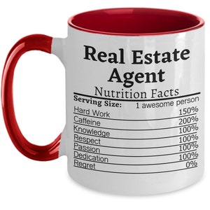 May include: White ceramic coffee mug with a red rim. The mug features a black and white graphic of a nutrition facts label for a "Real Estate Agent". The label lists the following: Hard Work 150%, Caffeine 200%, Knowledge 100%, Respect 100%, Passion 100%, Dedication 100%, Regret 0%.