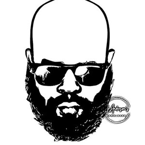 Puede incluir: Ilustración gráfica en blanco y negro de una persona calva con gafas de sol y barba completa. La imagen es un retrato estilizado con líneas audaces y una estética minimalista. Un logotipo circular con el texto "J. Anderson's Downloads" está en la esquina inferior derecha.