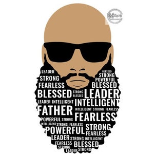 Puede incluir: Una ilustración en blanco y negro de la cara de un hombre con una barba hecha de palabras. Las palabras incluyen "líder", "fuerte", "intrépido", "bendecido", "inteligente", "padre", y "poderoso".