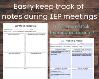 IEP Meeting Note Tracker (Fillable)