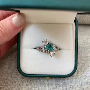 Vintage Platinum Columbian Emerald Step Cut Diamond Ring with Diamond Baguettes