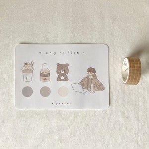 feuille autocollante de café (tenue, ours, boissons asiatiques) | journal, planificateur, etc.