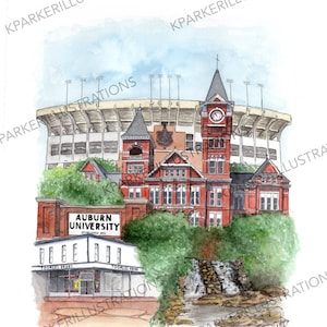 Auburn, AL Landmarks Watercolor Print
