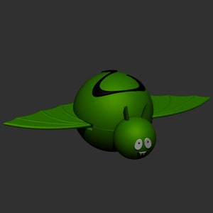 May include: A bright green, spherical creature with two wide, pointed wings extending from its sides. It features a smaller, rounded head with two large white eyes, a small mouth with two visible white teeth, and a black curved marking on its back.