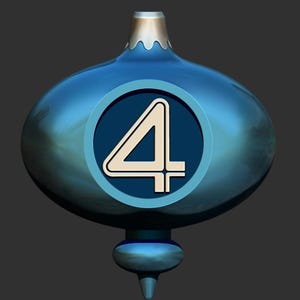May include: A blue Christmas bauble with a silver cap and a dark blue base. The bauble features a circular emblem with the number "4" in cream. The background is a dark grey gradient.