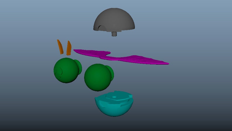 May include: A 3D digital model of a disassembled toy figure featuring a gray dome-shaped head piece, two green spherical body parts, a pair of orange pointed ears, a purple wing-like attachment, and a teal base component with internal slots.