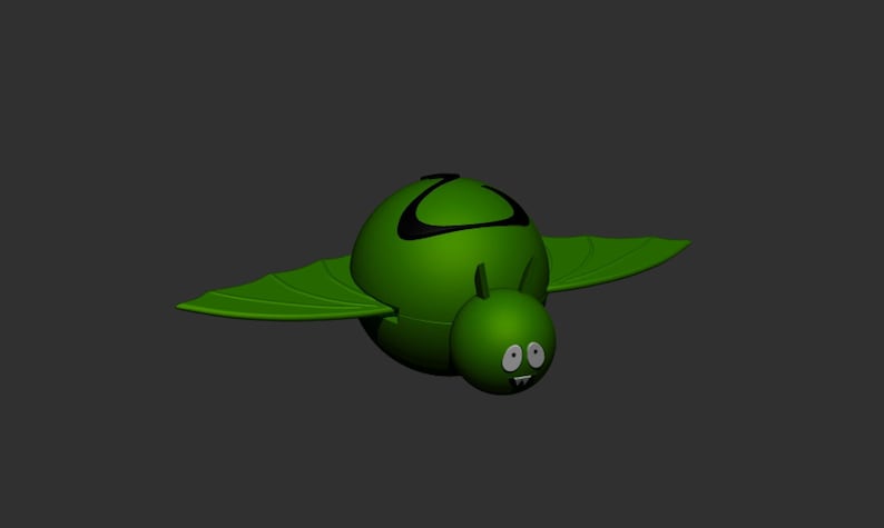 May include: A bright green, spherical creature with two wide, pointed wings extending from its sides. It features a smaller, rounded head with two large white eyes, a small mouth with two visible white teeth, and a black curved marking on its back.