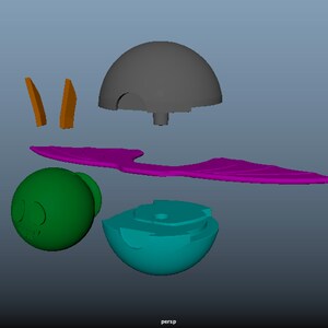 May include: A 3D digital model showing disassembled components including a grey dome, a teal hemispherical base, a green spherical head with facial features, a long purple wing-like structure, and two small orange vertical rectangular pieces.