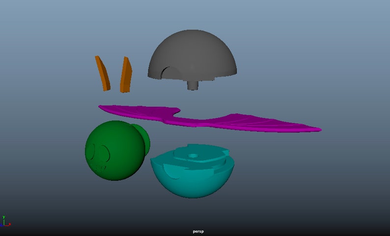 May include: A 3D digital model showing disassembled components including a grey dome, a teal hemispherical base, a green spherical head with facial features, a long purple wing-like structure, and two small orange vertical rectangular pieces.