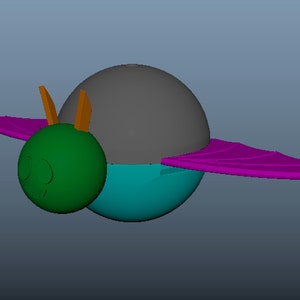 May include: A three-dimensional digital model of a creature featuring a spherical green head with two orange antennae, a grey upper body, a teal lower body, and two wide, flat, purple wings extending from the sides of the central body structure.