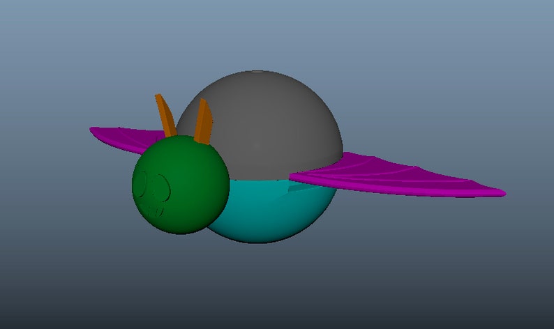 May include: A three-dimensional digital model of a creature featuring a spherical green head with two orange antennae, a grey upper body, a teal lower body, and two wide, flat, purple wings extending from the sides of the central body structure.