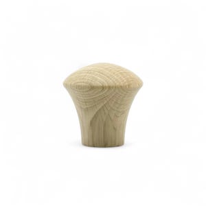 May include: A wooden cabinet knob with a rounded top and a flared base. The knob is made of light-colored wood, showcasing the natural grain patterns. The design is simple and functional, suitable for various furniture styles.