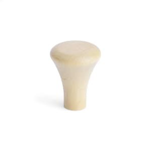 May include: A light-colored wooden cabinet knob with a rounded top and a flared base. The knob is made of unfinished wood, showcasing the natural grain and color variations. It is designed for easy grip and installation.