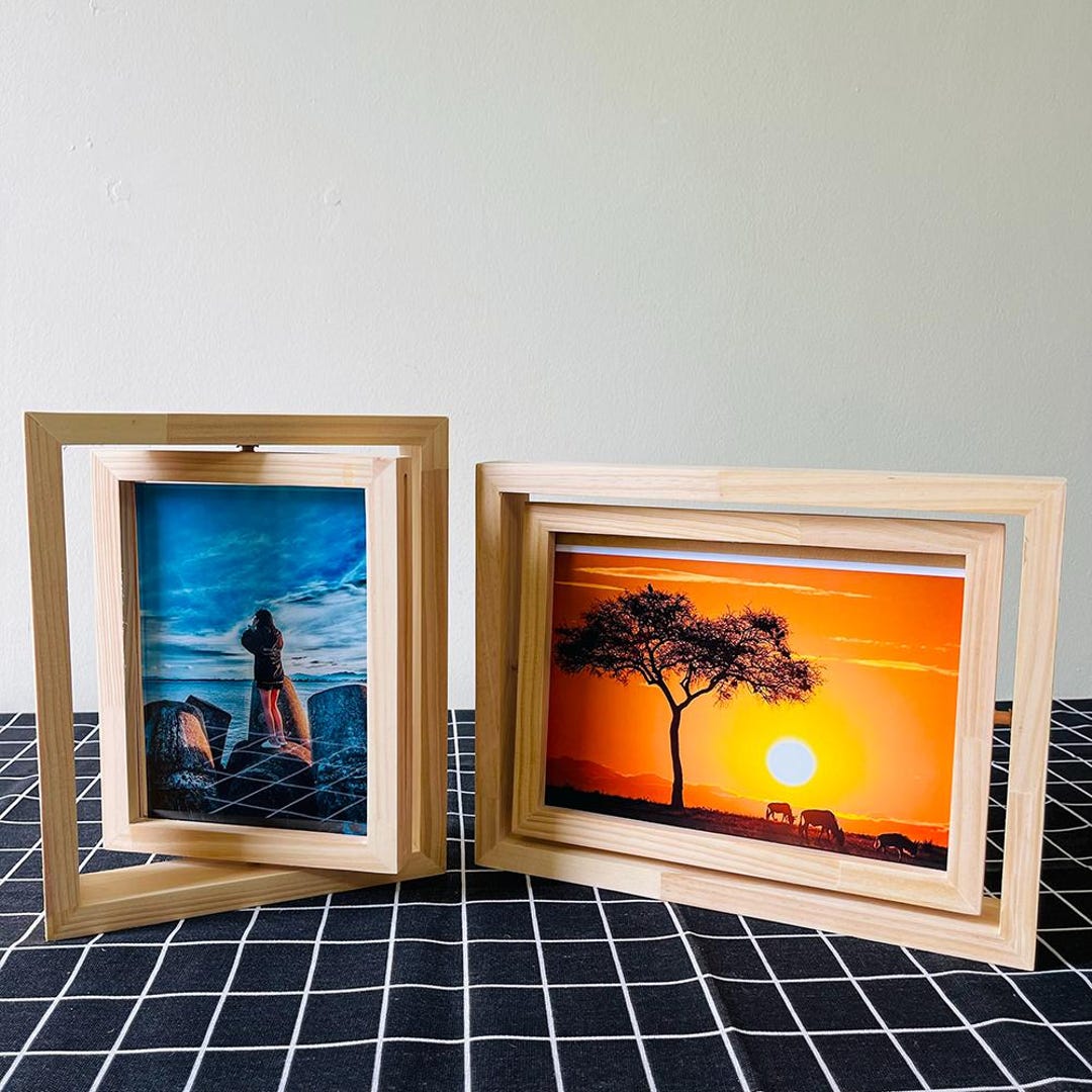 Rotatable Picture Frame Rotating Wooden Picture Frame, Double Sided Photo Frame, Natural Pine ...