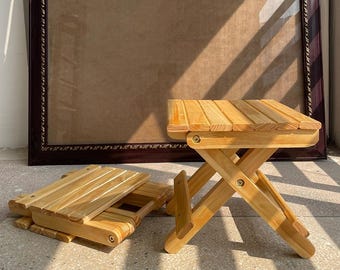 Folding Wooden Stool – Portable Folding Chair, Compact Pine Wood Seat for Camping, Balcony & Patio