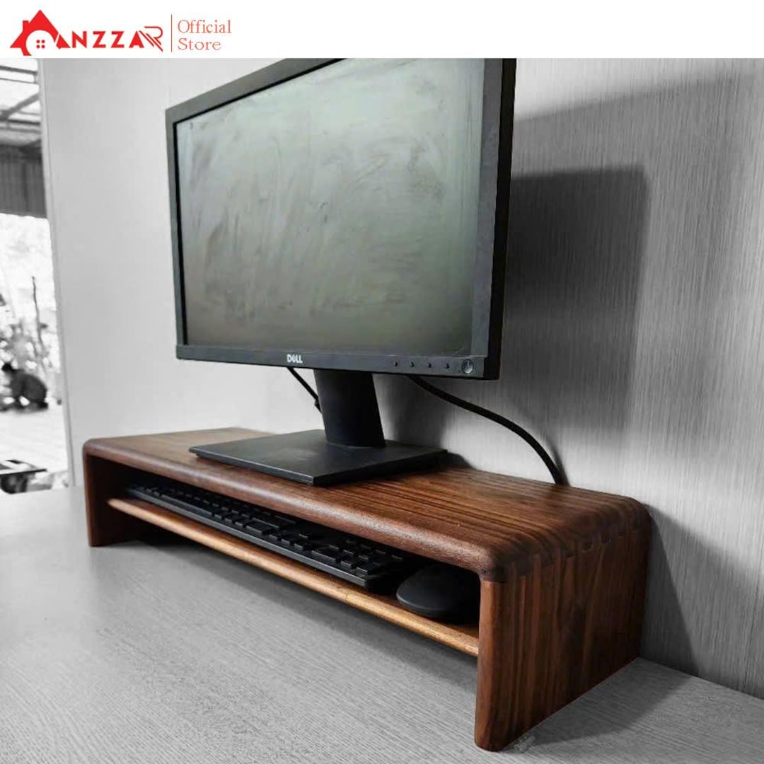 Hidden Riser Walnut Monitor Stand With Hidden Drawer – Wooden Laptop Stand ...
