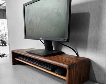 Walnut Monitor Stand with Hidden Drawer – Wooden Laptop Stand, Ergonomic Desk Riser and Organizer