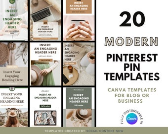 Plantillas de pins de Pinterest / 20 plantillas editables de Canva para marketing de Pinterest, gráficos para bloggers, pins de redes sociales y kit de marca de Pinterest