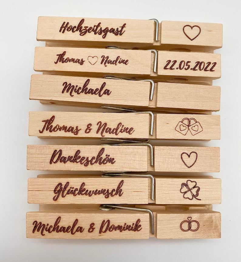 Wäscheklammer mit Wunschgravur / Holzklammer / Name / Wäscheklammer mit Text / alle Anlässe / Hochzeit / Gäste / individuell /personalisiert Schrift 3