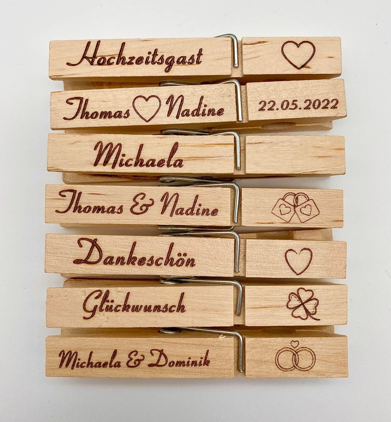 Clothespin with desired engraving / wooden clip / name / clothespin with text / all occasions / wedding / guests / individual / personalized Schrift 2