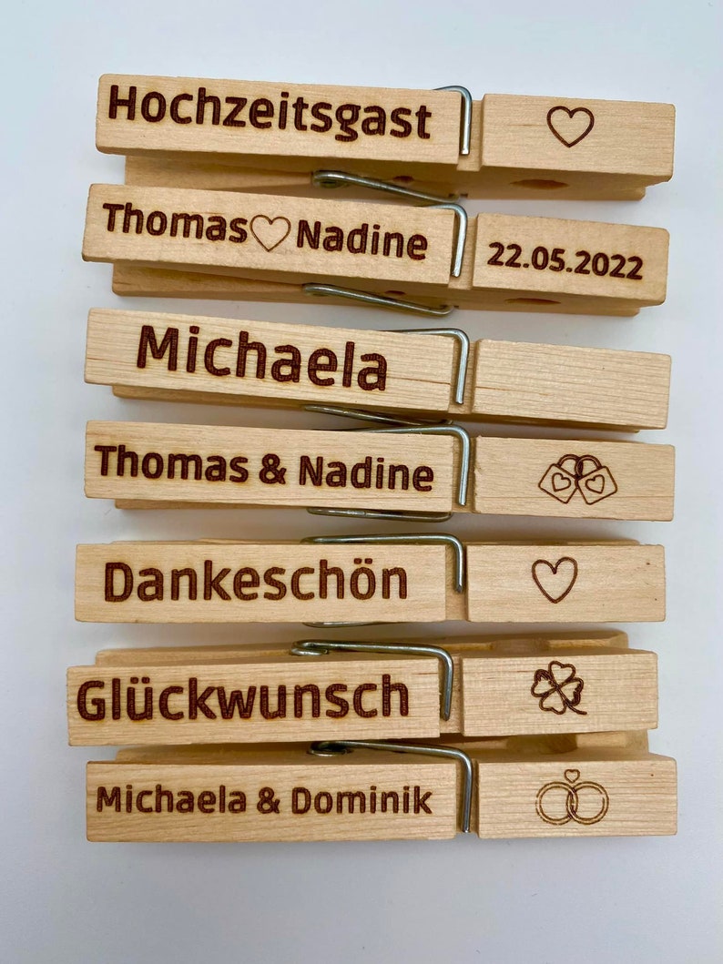 Wäscheklammer mit Wunschgravur / Holzklammer / Name / Wäscheklammer mit Text / alle Anlässe / Hochzeit / Gäste / individuell /personalisiert Bild 3