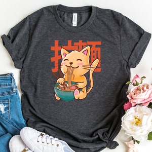 Cat Ramen Graphic T-Shirt , Kawaii Shirt in Various Colors , Cute Anime Shirts, Japanese Tshirt, Ramen Eating Cat Tees, Cool Anime Gift