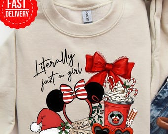Literally Just A Girl Disney Christmas Sweatshirt, Minnie Bow Coffee Tee, Disney Minnie Mouse Sweater, Disney Merry Christmas Shirt