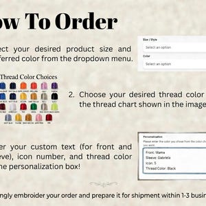 May include: Image detailing the ordering process for custom embroidered items. Instructions include selecting size and color, choosing thread colors from a chart, and entering custom text. Includes a paw print graphic.