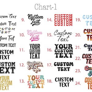 May include: A chart showing 24 custom text design styles. The text styles vary in font, colour, and layout, including options with distressed, flame, and bubble effects. The text is in various colours, including black, white, red, and blue.